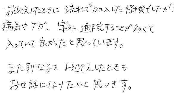 お迎えしたときに流れで加入した保険でしたが、病気やけが、案外通院することが多くて入っていて良かったと思っています。
              また別な子をお迎えしたときもお世話になりたいと思います。
              